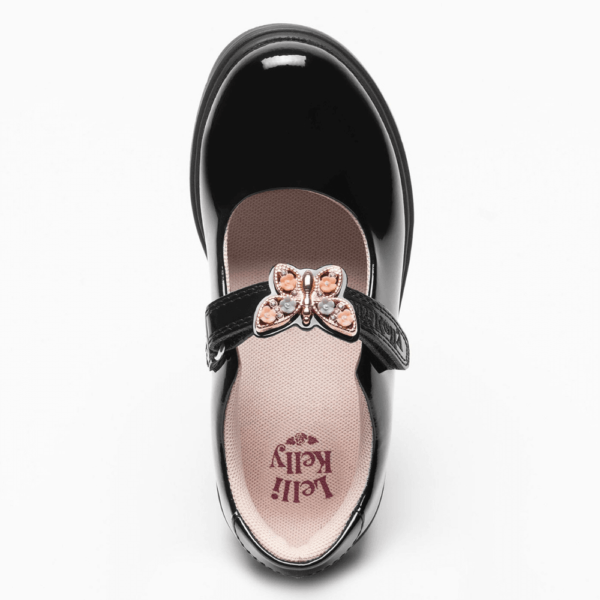 lelli Kelly black patent girls school shoe with butterfly detail