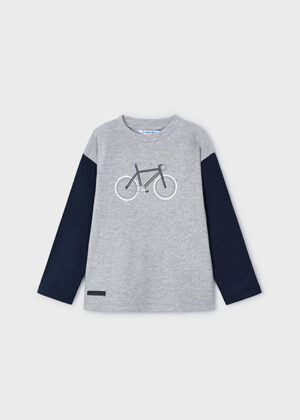 Mayoral Boys' Long Sleeve Grey Top with Navy Sleeves and Bicycle Motif