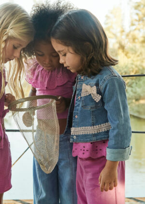 Mayoral Girls' Denim Jacket with Lace Trim & Bow Pocket Detail