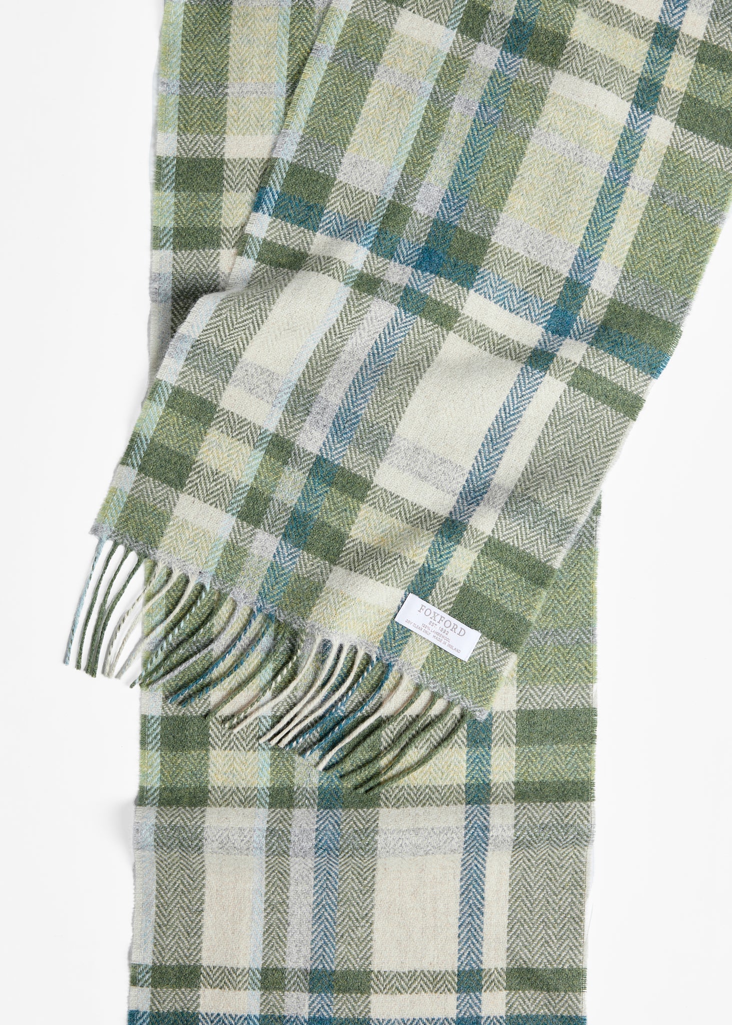 Foxford Green, Turquoise & Cream Tartan Lambswool Scarf