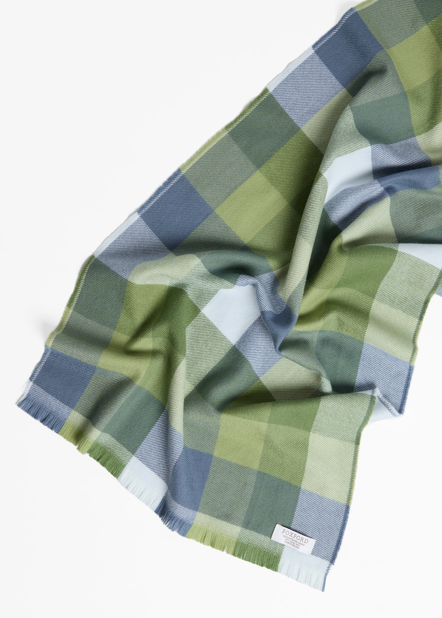 Foxford Merino Wool Green & Blue Check Scarf