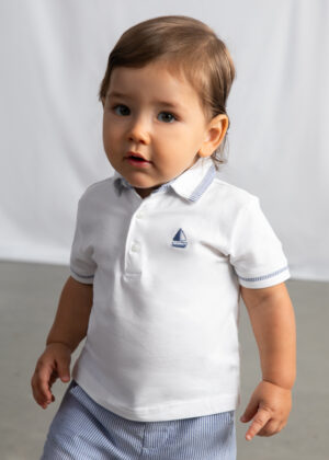 Mayoral baby boy white polo shirt with blue tipped trim. Soft, smart, and perfect for everyday or occasion wear.