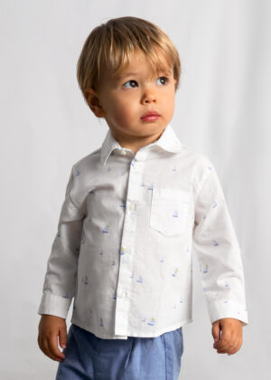 Mayoral baby boy linen shirt with a boat print. Lightweight, breathable, and perfect for warm-weather wear.