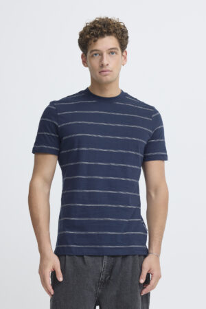 mens navy striped t shirt slim fit close up minimal style