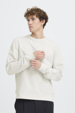 mens light grey sweatshirt crew neck relaxed fit close up minimalist style