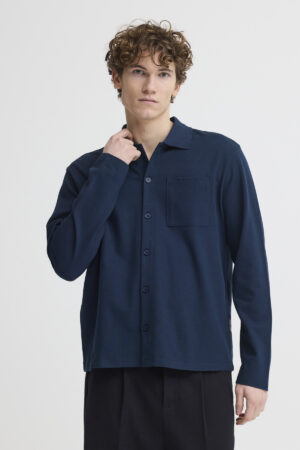 mens navy button up polo shirt full body relaxed fit outfit