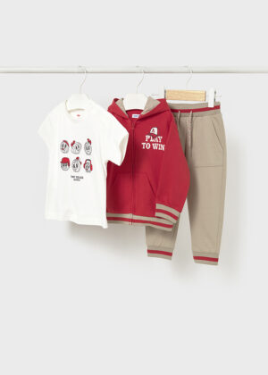 mayoral toddler boy 3 piece tracksuit set, beige jogger,s red zip hoodie and matching top