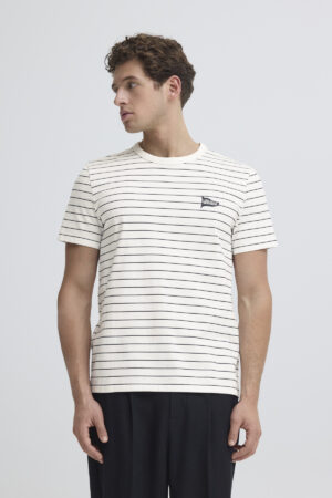mens white striped t shirt minimal logo close up fine stripe detail