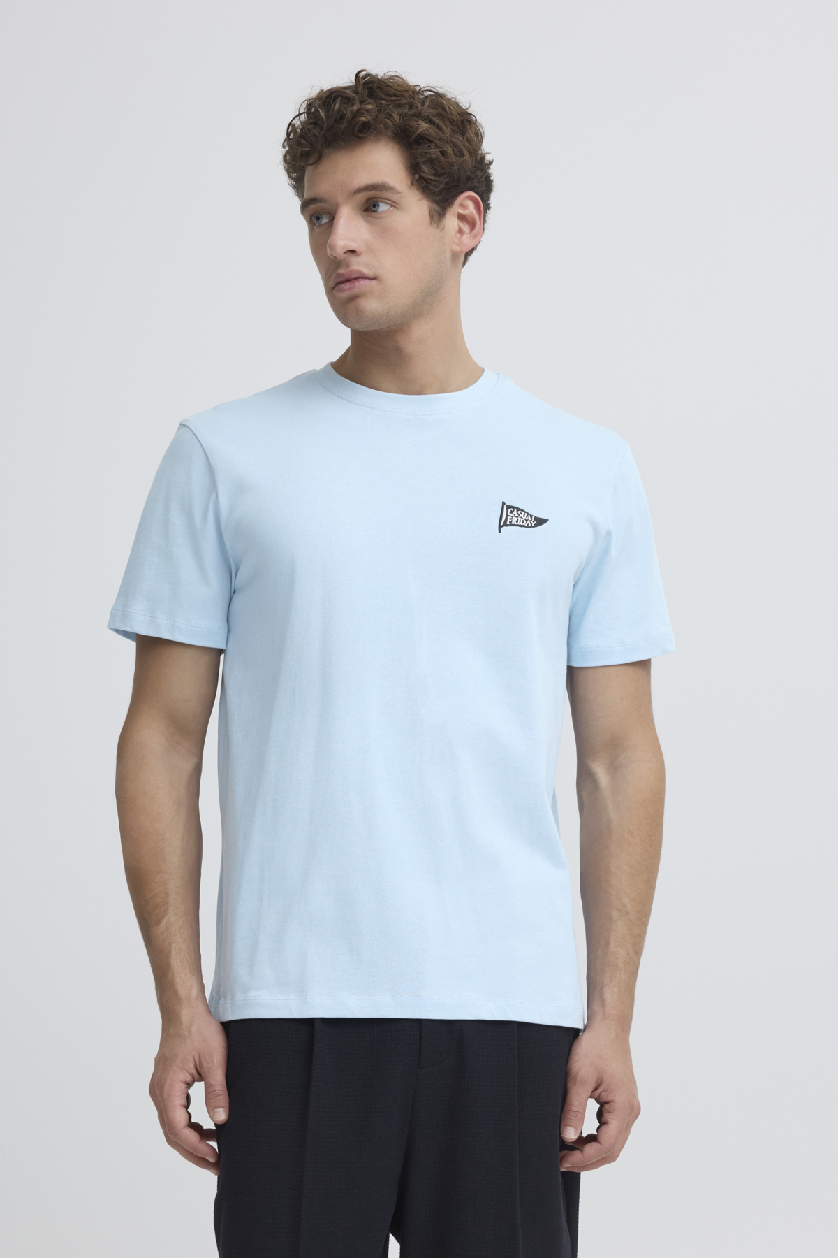 mens light blue t shirt minimal logo slim fit clean casual style