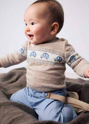 Newborn baby boy wearing the Mayoral Jacquard Jumper in Beige/Blue
