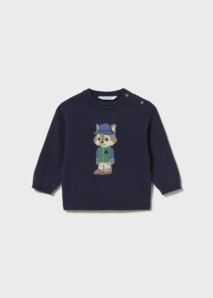 Mayoral boys’ navy knitted jumper featuring a cute animal character wearing a blue cap and green jacket, with long sleeves, ribbed trims and decorative shoulder buttons.