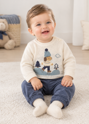 Baby boy wearing the Mayoral Newborn Jacquard Jumper and Trousers Set in Indigo