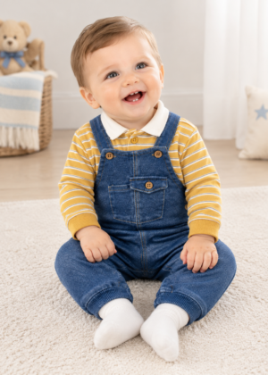 Baby boy wearing the Mayoral Newborn Dungarees and Striped Polo Set in Ochre/Blue