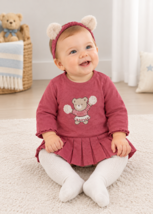 Mayoral Plum newborn dress and matching headband styled together