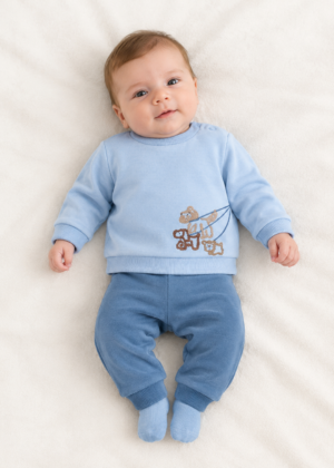 Baby boy wearing the Mayoral Newborn Boy 4-Piece Set in Blue Multi