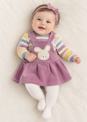 Newborn baby wearing the Mayoral Mauve dungaree and top set.
