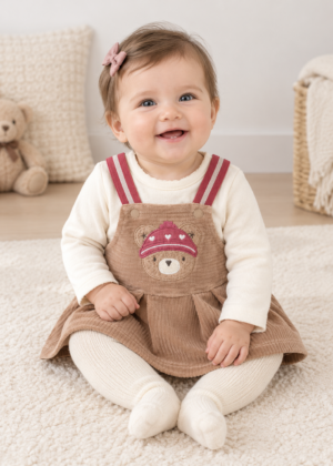 Baby wearing the Mayoral Newborn Dungaree/Top Set in Almond