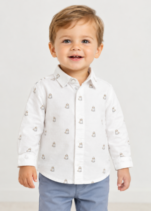 Baby wearing the Mayoral Puppy Print Shirt in White Multi.