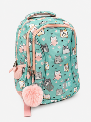 ST.RIGHT Charm Cats mint-green school backpack with pink zips and fluffy pom-pom charm