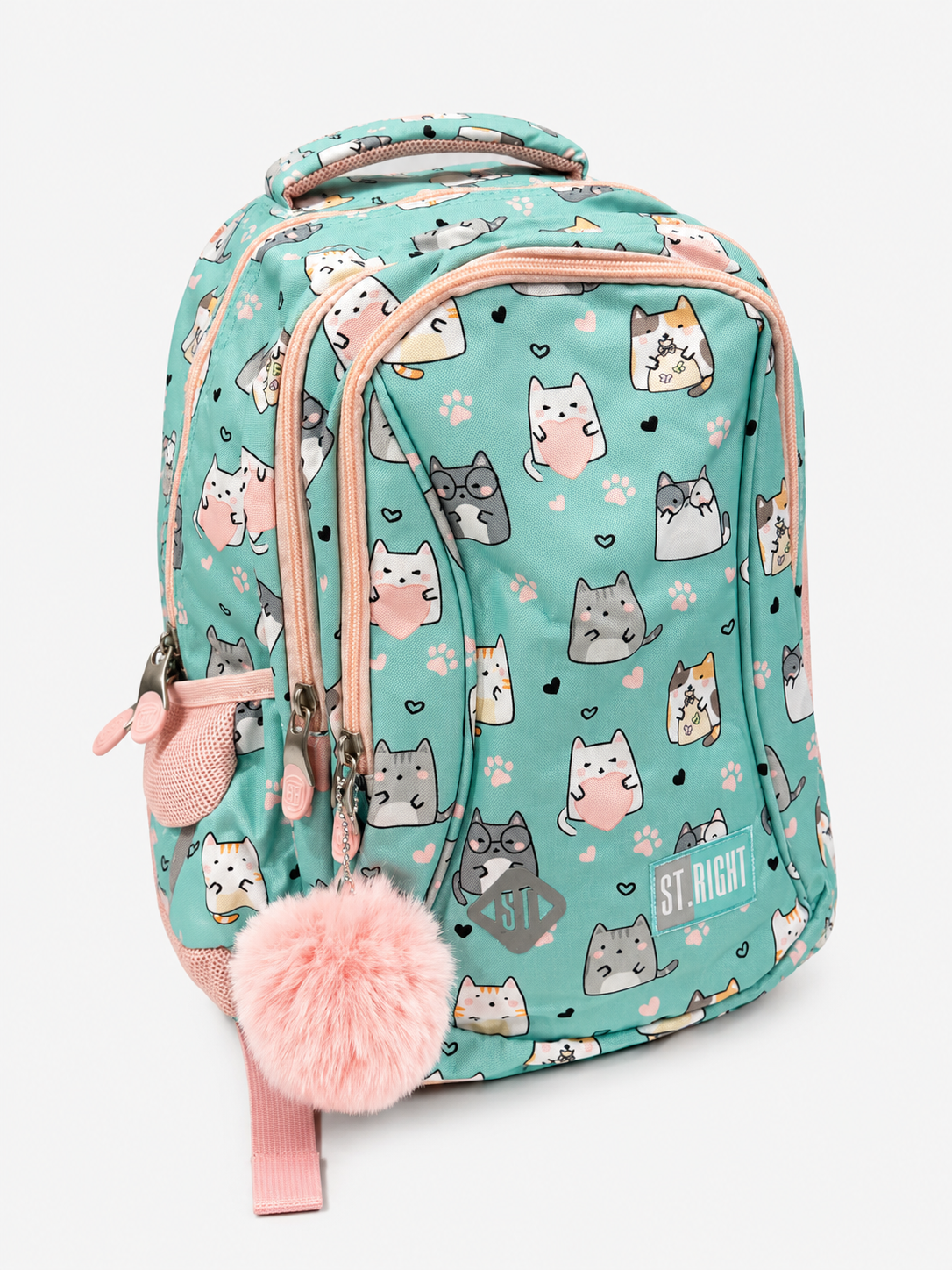 ST.RIGHT Charm Cats mint-green school backpack with pink zips and fluffy pom-pom charm