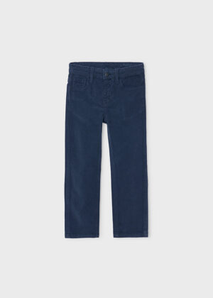 Front view of navy Mayoral corduroy trousers for boys
