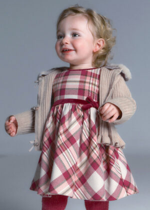 Baby girl wearing the Mayoral checked dress in Raspberry.