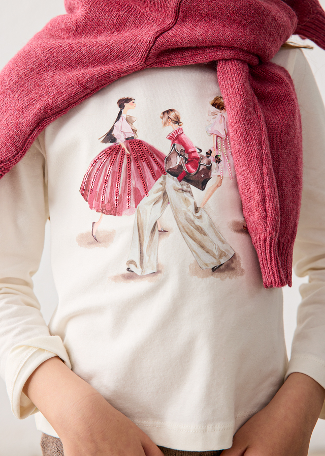 Close-up of the design on the Mayoral white girls’ T-shirt