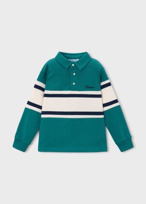 Mayoral boys’ teal green long-sleeve rugby polo shirt with a pointed collar, three-button placket, cream chest panel, navy horizontal stripes and embroidered Team lettering.