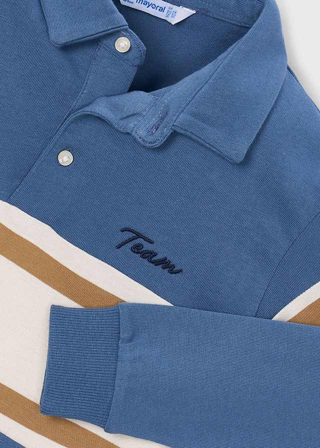 Detail of the collar and front fastening on the Mayoral Glacier Blue polo shirt