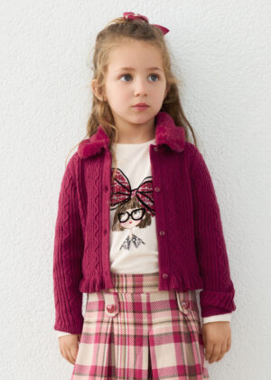 Mayoral raspberry knitted cardigan for girls with detachable faux-fur collar