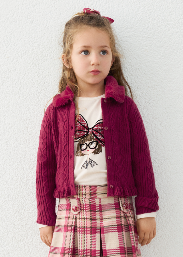 Mayoral raspberry knitted cardigan for girls with detachable faux-fur collar