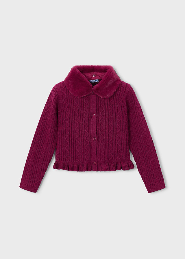 Mayoral Girls’ Knitted Cardigan with Faux-Fur Collar in Raspberry – front view