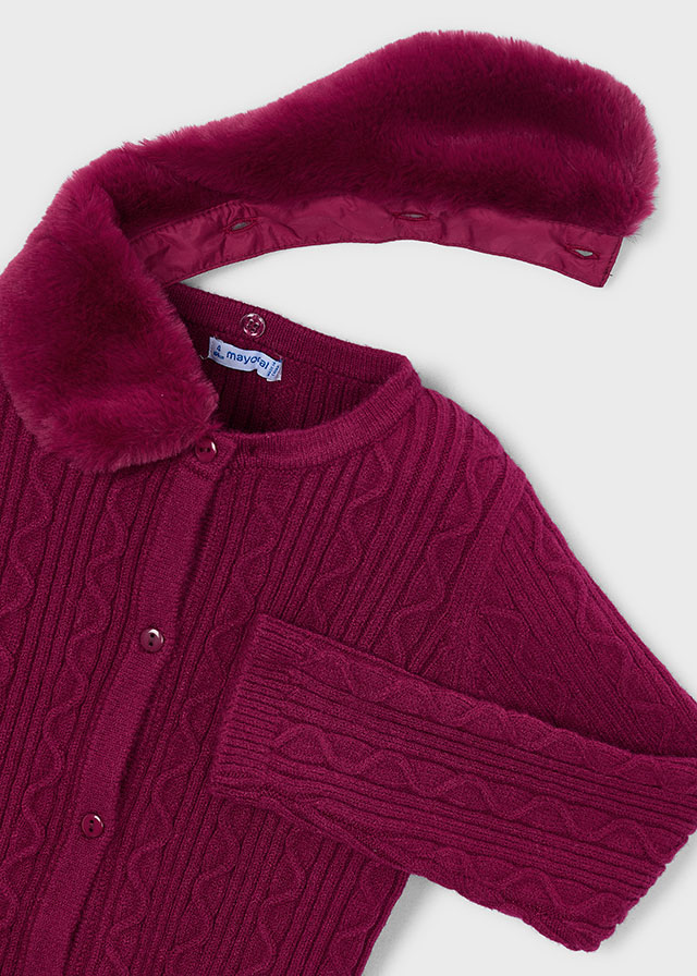 Close-up of the faux-fur collar on the Mayoral raspberry cardigan
