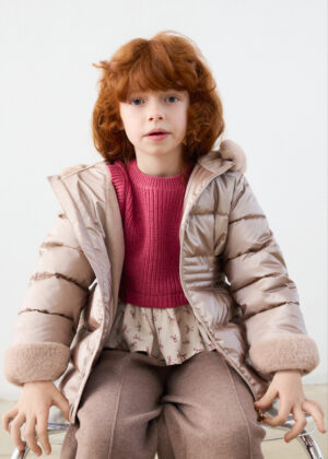 Mayoral girl metallic padded coat in Mole with a hood, detachable faux-fur trim and matching faux-fur cuffs.