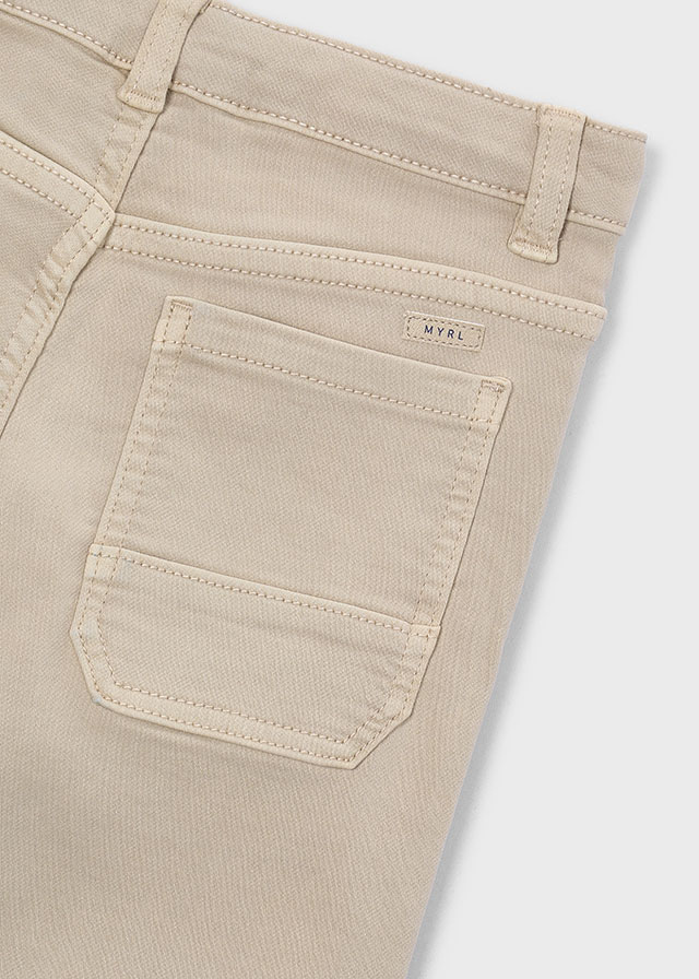 Close-up detail of the Mayoral walnut boys’ trousers