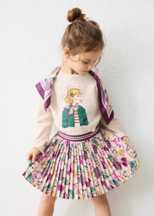 Girls’ pink pleated skirt with a colourful all-over abstract print in purple, teal and orange, featuring a striped elasticated waistband and flared silhouette.