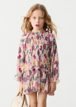 Mayoral Girls’ Printed Pleated Dress in Bottle Green – front view