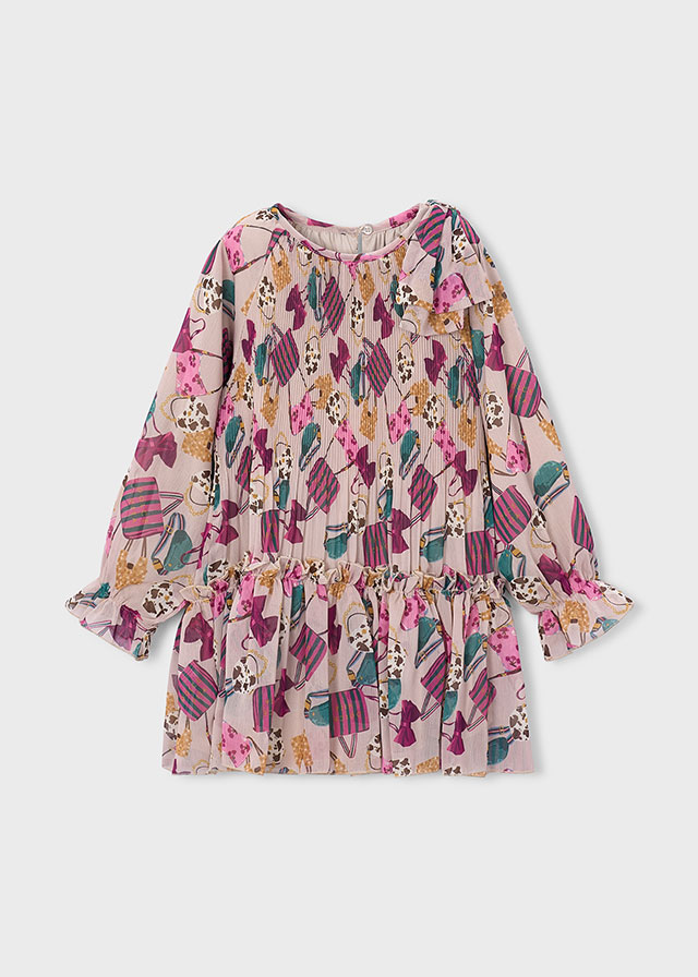 Mayoral Girls’ Printed Pleated Dress in Bottle Green – full-length view