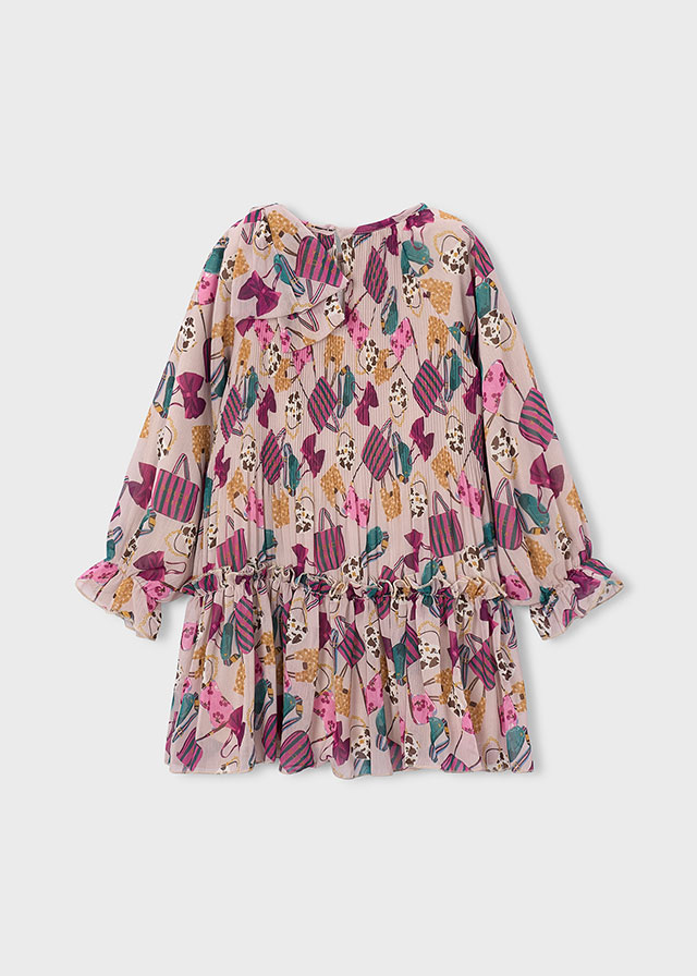 Back view of the Mayoral girls’ printed pleated dress in bottle greenMayoral Girls’ Printed Pleated Dress