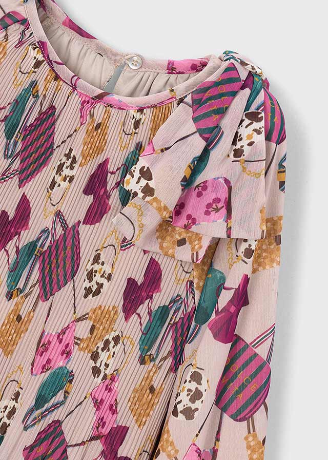 Mayoral girls’ bottle green printed dress showing pleated detailing