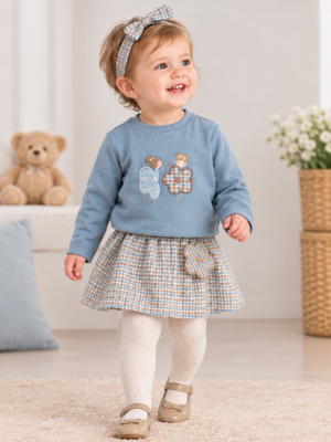 Mayoral Baby Girls’ Blue Sweatshirt and Tweed-Style Skirt Set with Matching Headband