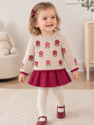Mayoral baby intarsia jumper and matching skirt set in raspberry/beige