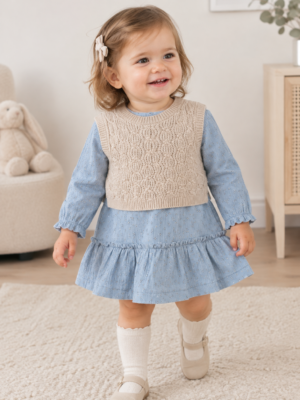 Mayoral baby knitted dress with matching waistcoat in Blue/Beige
